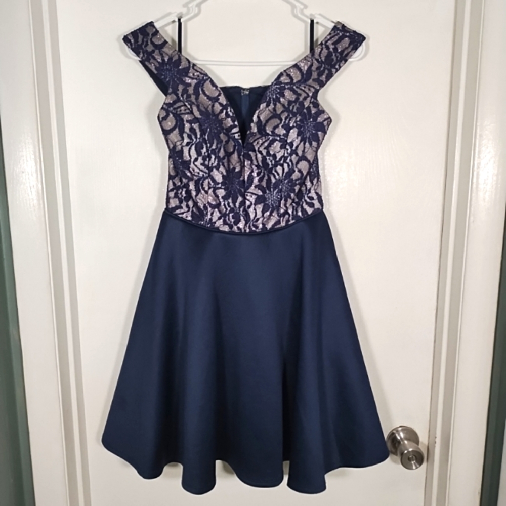 City Triangle Women's 2 Blue Lace Sparkle Prom Cocktail Flare Dress Off Shoulder